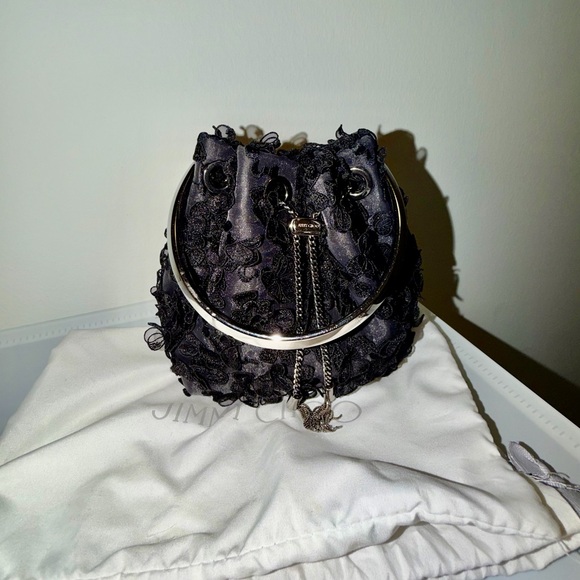 Jimmy Choo Handbags - Jimmy Choo Black Textured Floral Drawstring Mini Bag with Silver Chain
